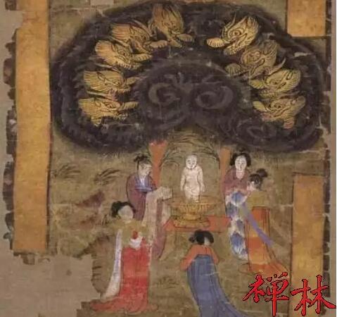 佛陀诞生图：九龙灌顶（敦煌唐代绢画局部）